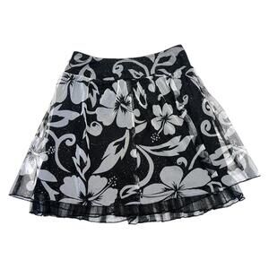 y2k black and gray hibiscus print tulle glitter mini skirt